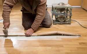 Close-up of a professional performing hardwood floor repair to fix scratches and water damage.